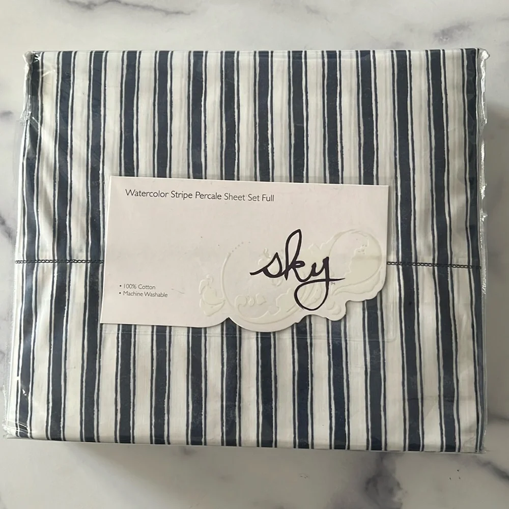 Sky Watercolor Stripe Percale Full Sheet Set, Navy White New w/Tag $175